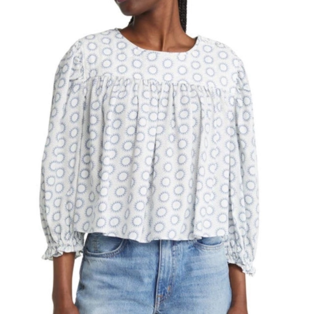 TREASURE & BOND BABYDOLL BLOUSE IN IVORY & BLUE- Size S